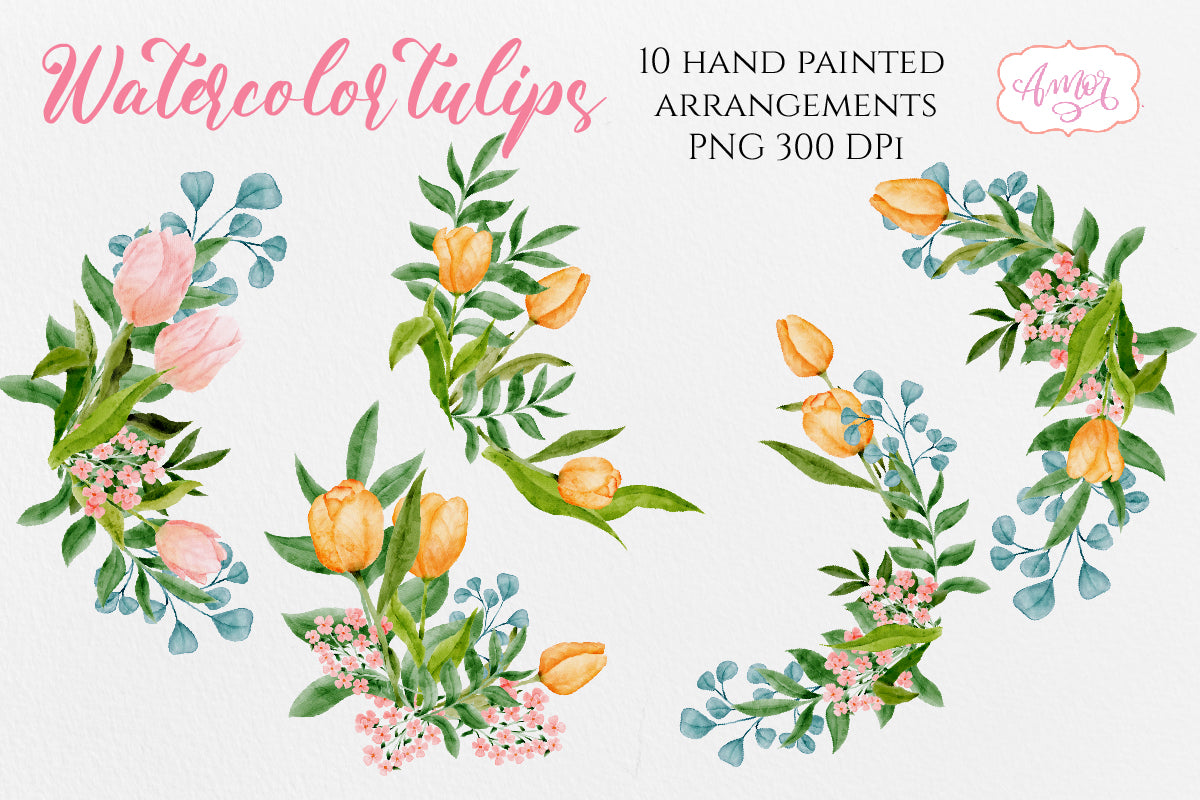 Watercolor Clipart Set with Pink and Orange Tulips PNG