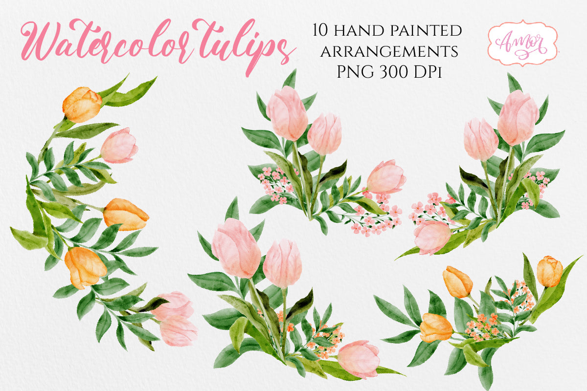 Watercolor Clipart Set with Pink and Orange Tulips PNG