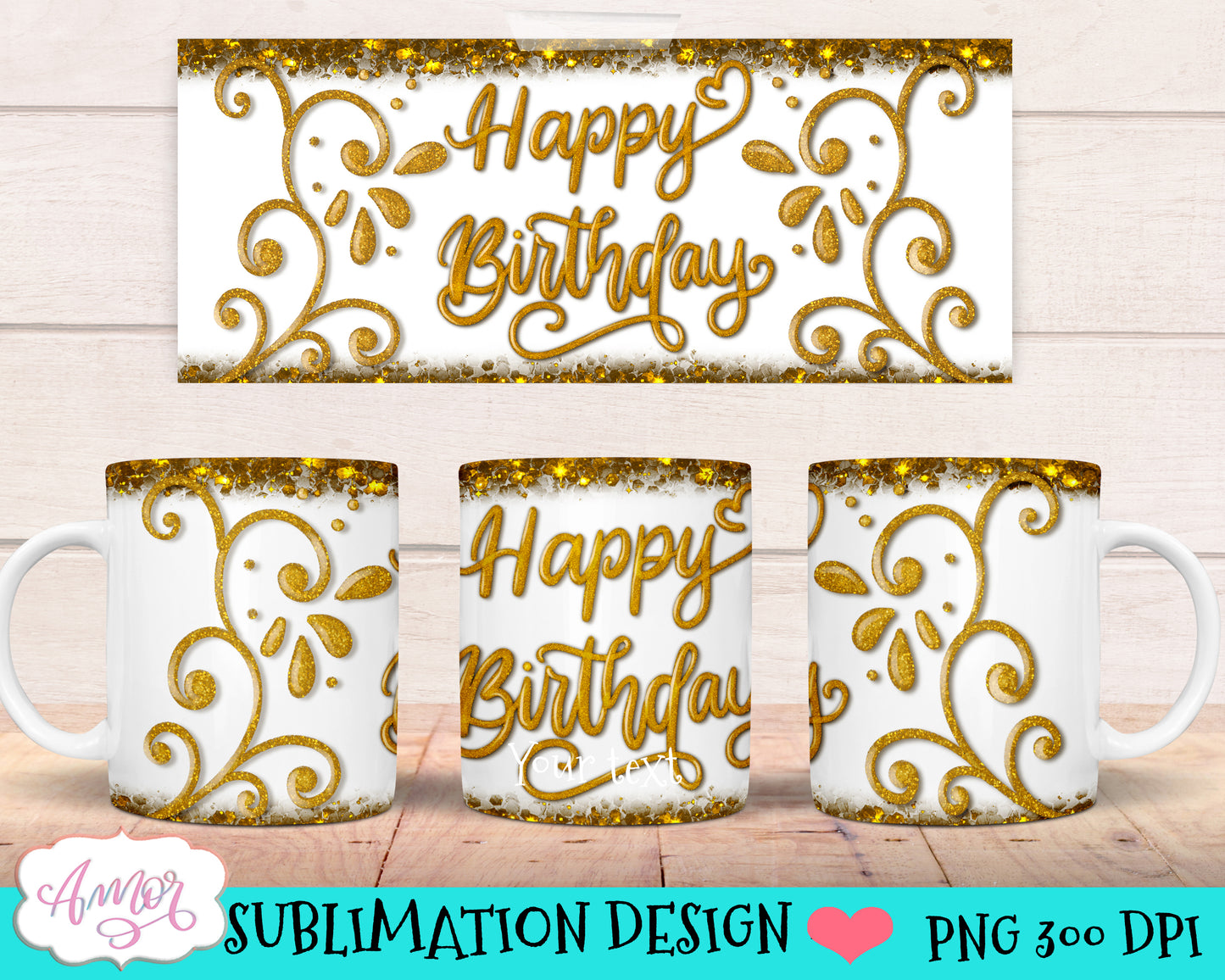 Customizable happy birthday mug wraps PNG for sublimation