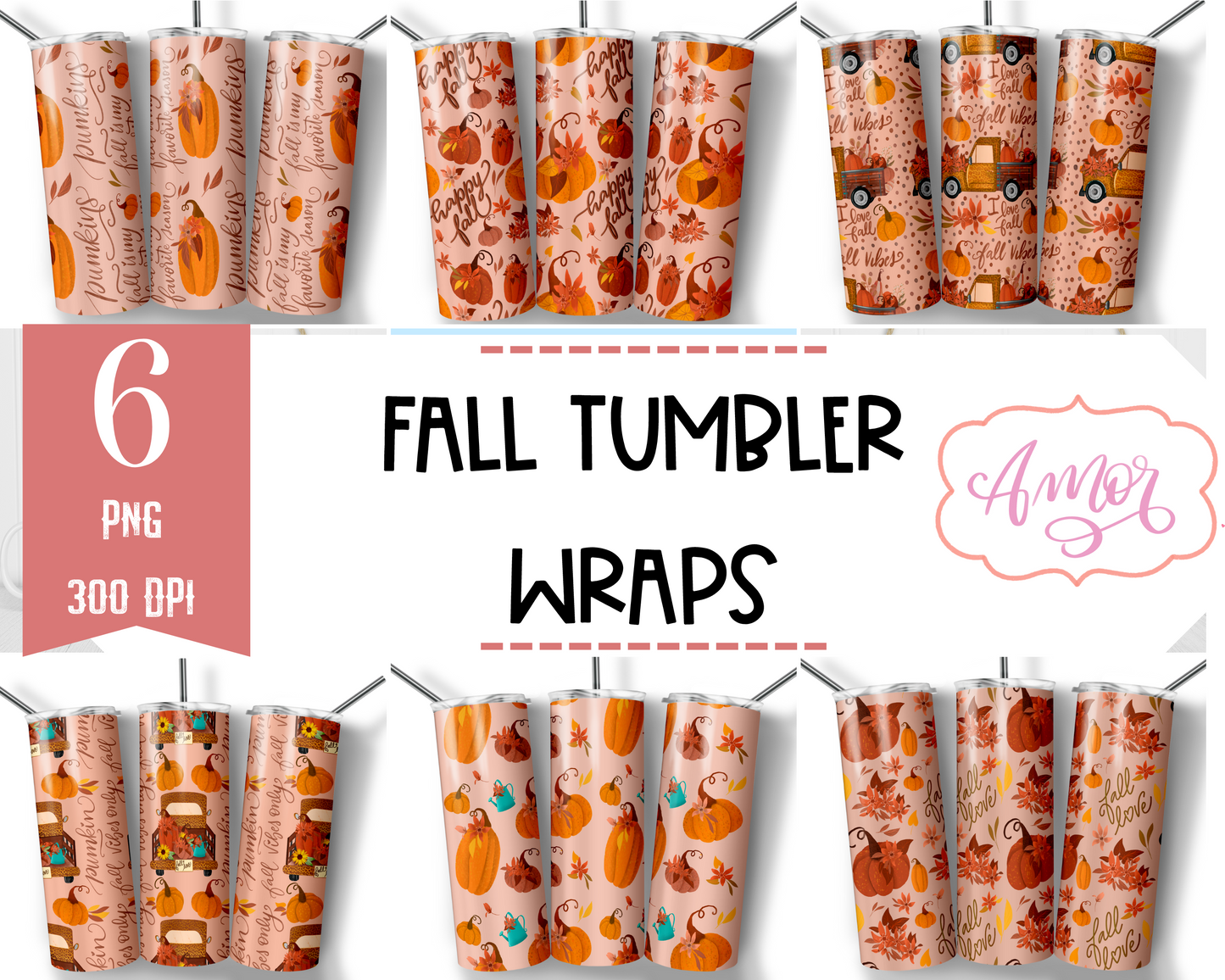 Bundle of 6 Fall tumbler wrap designs for sublimation