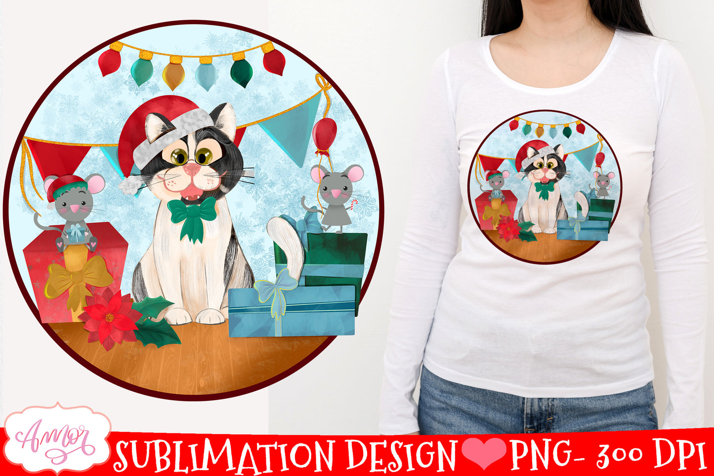 Christmas cat sublimation PNG Christmas design for kids