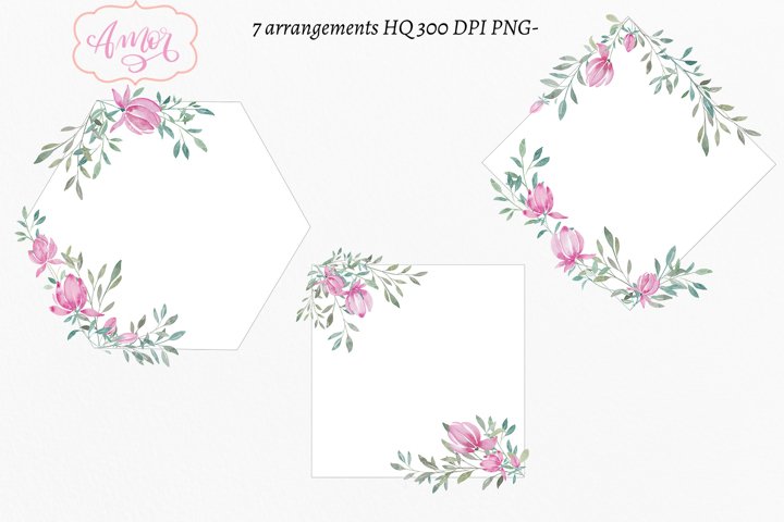 Watercolor pink floral frames Clipart for invitations