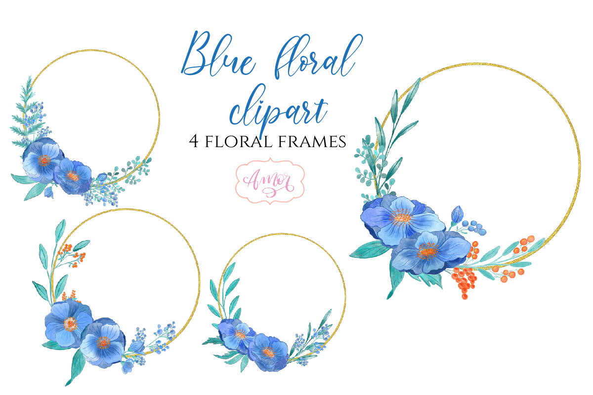 Watercolor Blue Floral clipart for invitations