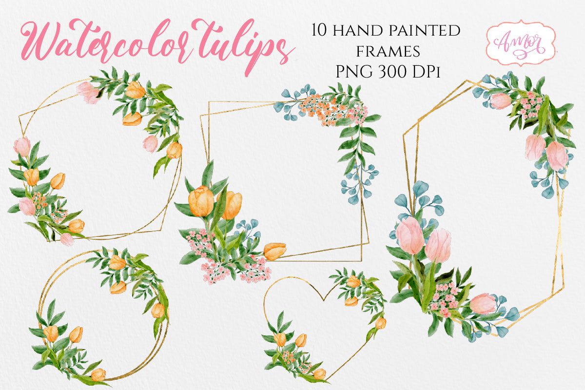 Watercolor Clipart Set with Pink and Orange Tulips PNG