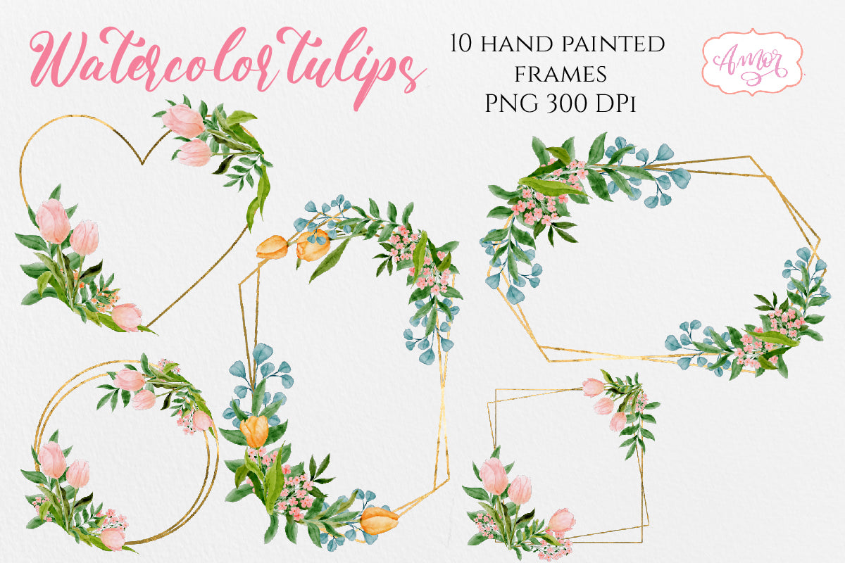 Watercolor Clipart Set with Pink and Orange Tulips PNG