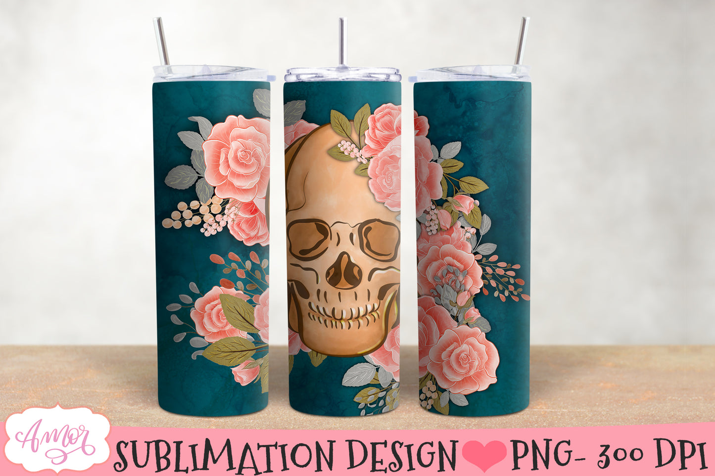 Skull and flowers Tumbler wrap PNG for Sublimation