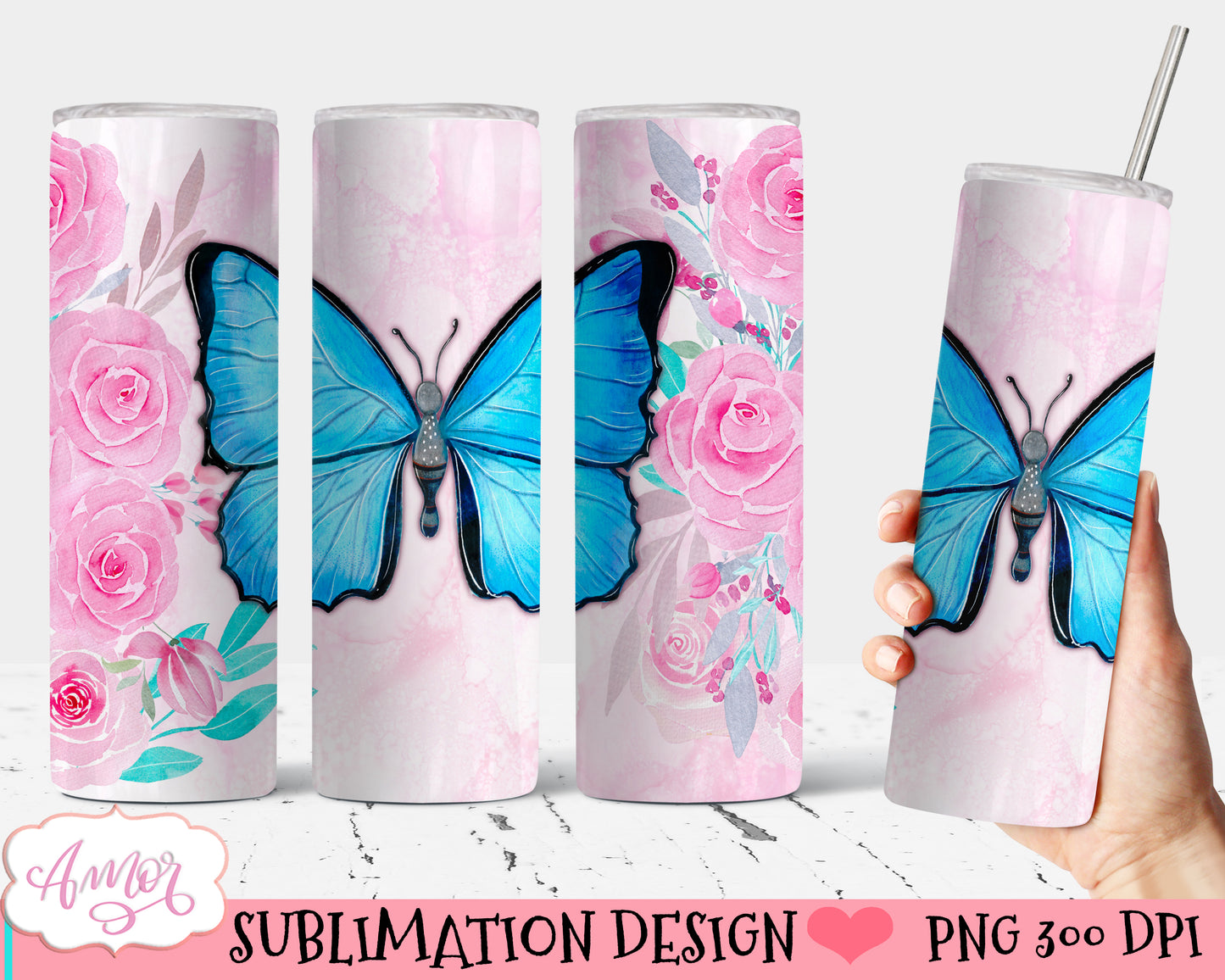 Blue butterfly Tumbler wrap PNG for Sublimation