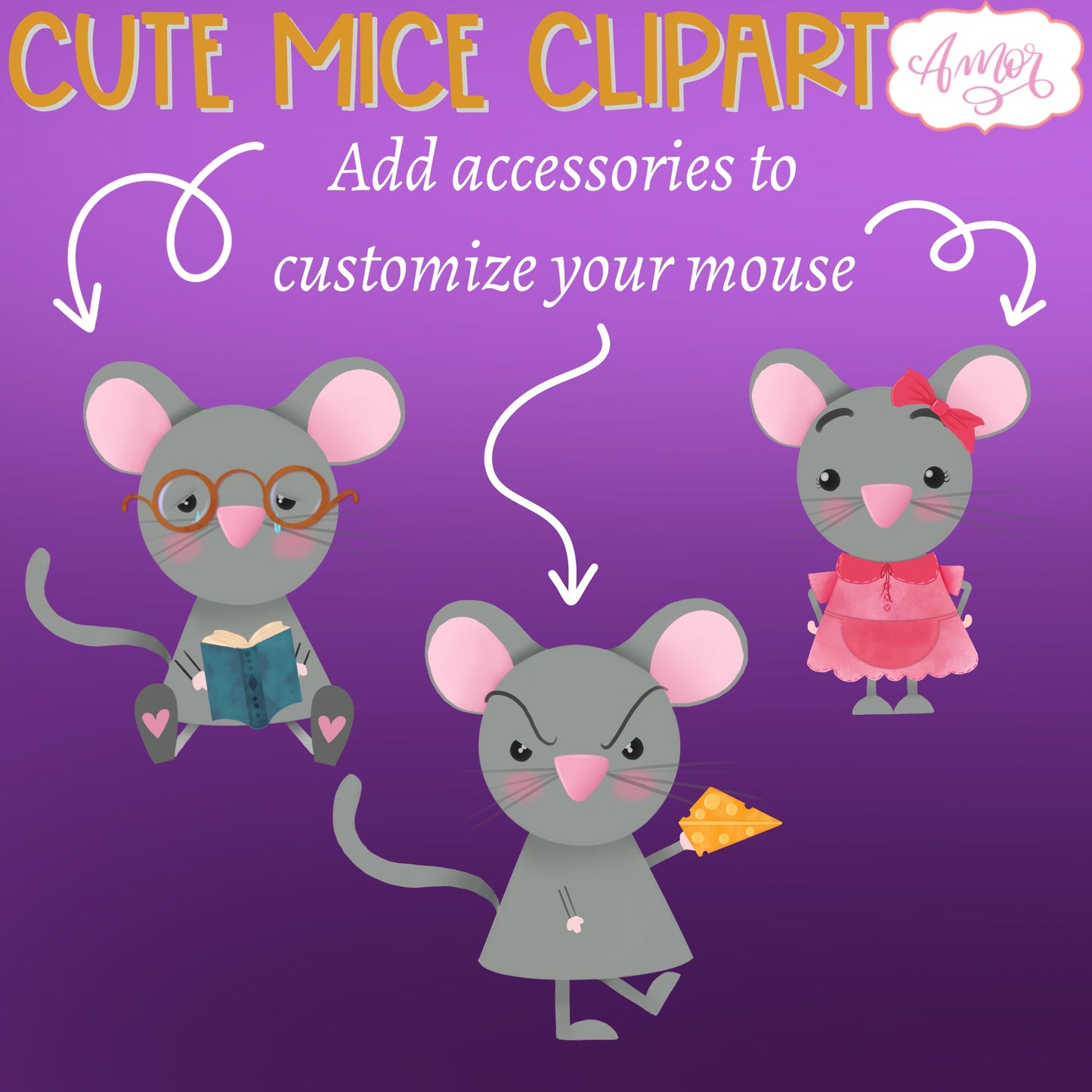 Cute mouse clipart with different emotions and accessories