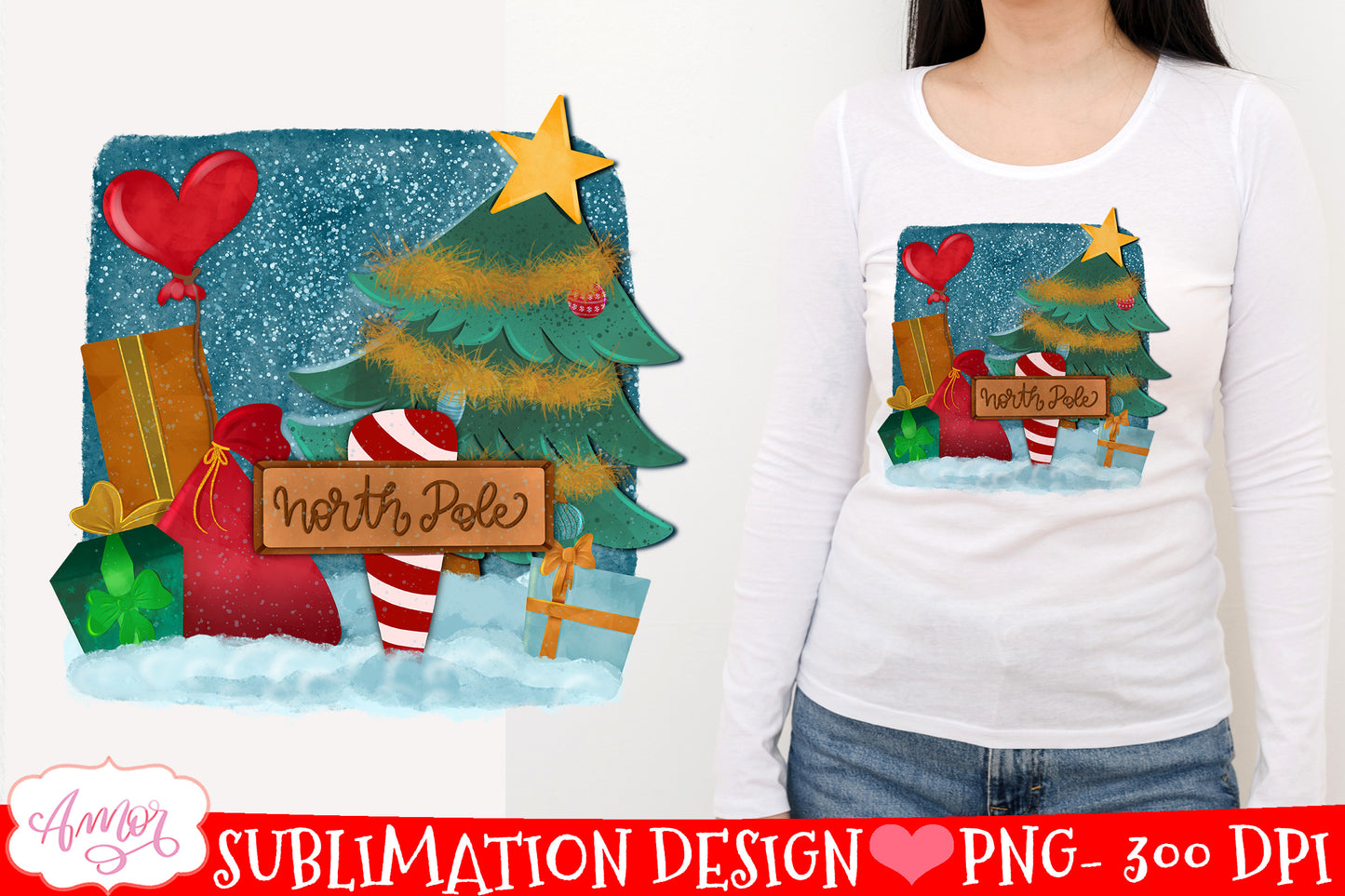 North pole sublimation PNG Christmas tree and gifts design