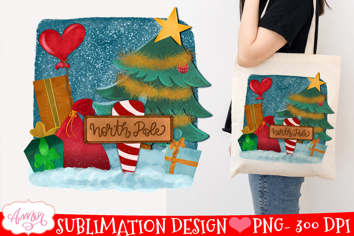North pole sublimation PNG Christmas tree and gifts design