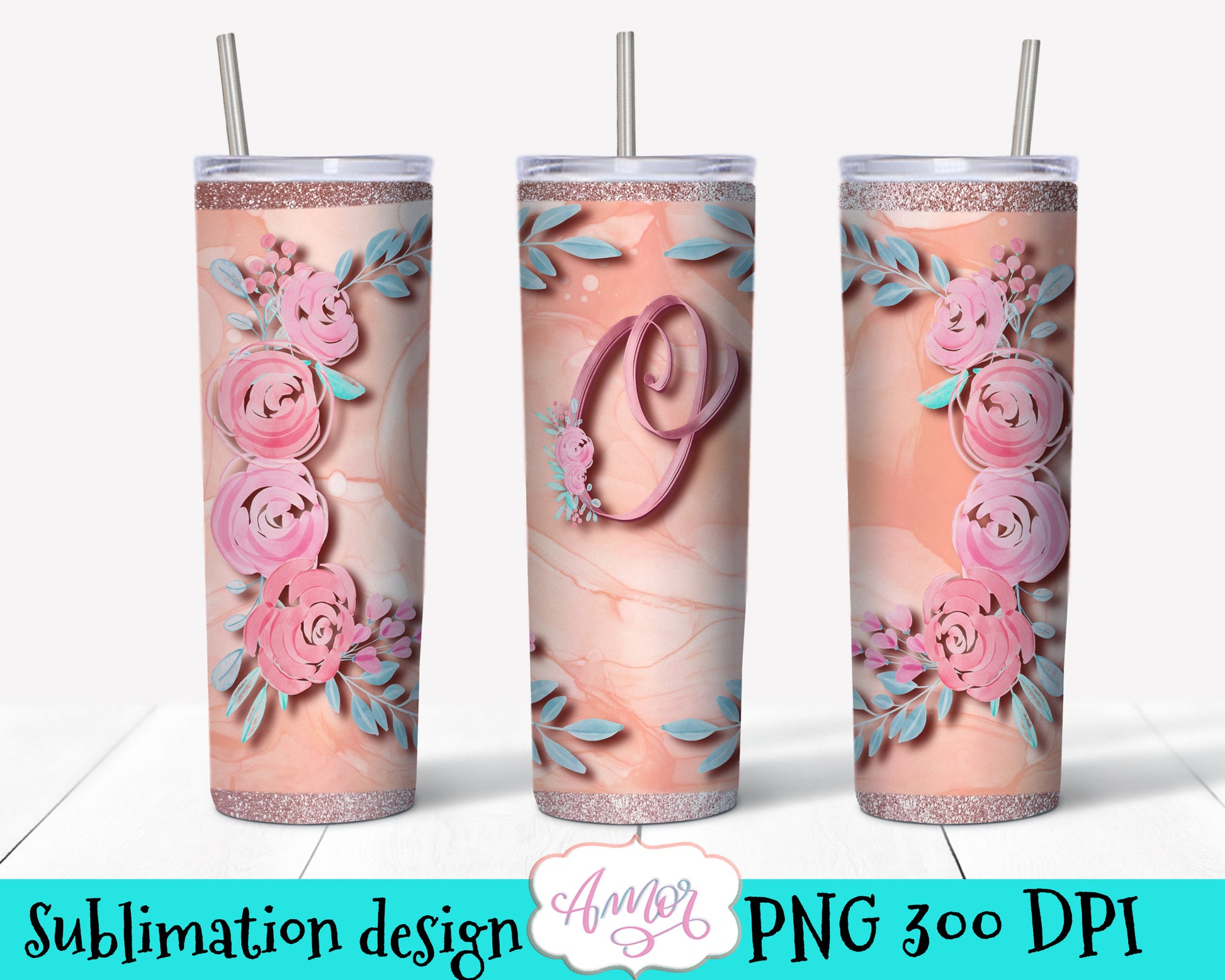 Letter "O" Monogram tumbler wrap PNG design for sublimation