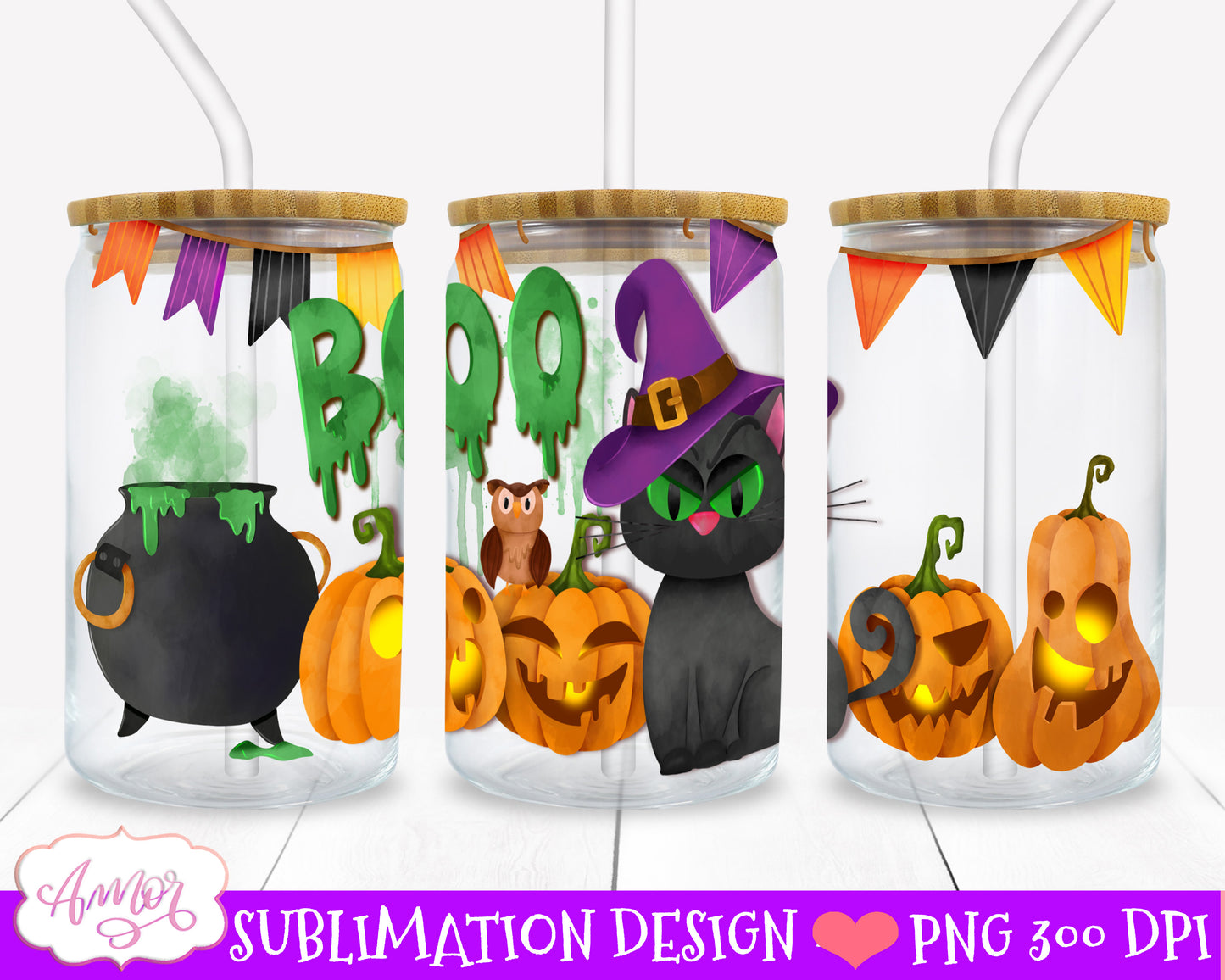 Halloween can glass wrap for sublimation BUNDLE | 8 spooky PNG