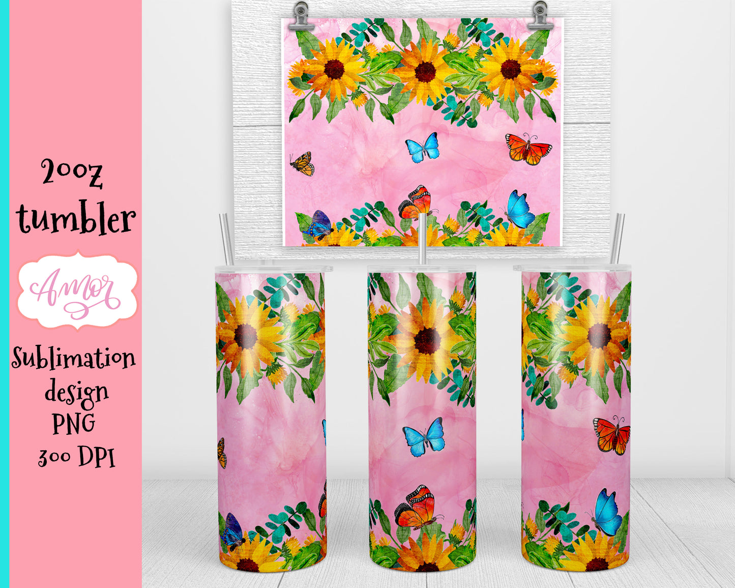 Sunflowers and Butterflies tumbler design for sublimation