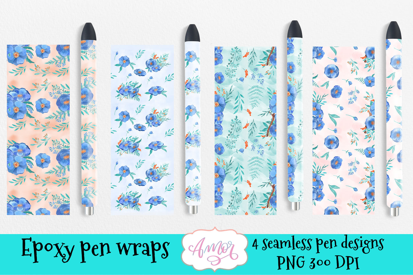 Blue Floral pen wraps