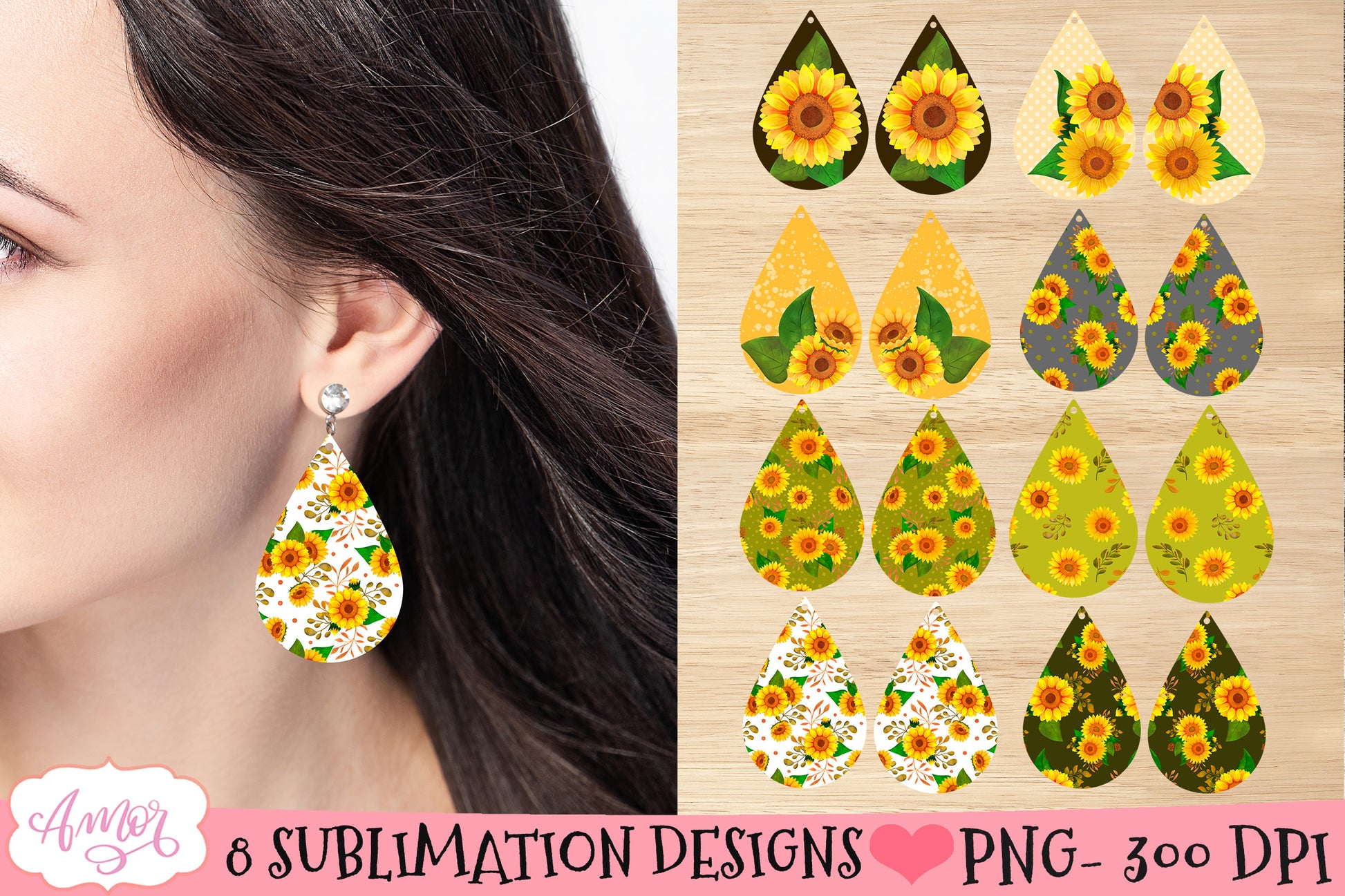 Sunflowers Teardrop earring sublimation Bundle, 8 designs