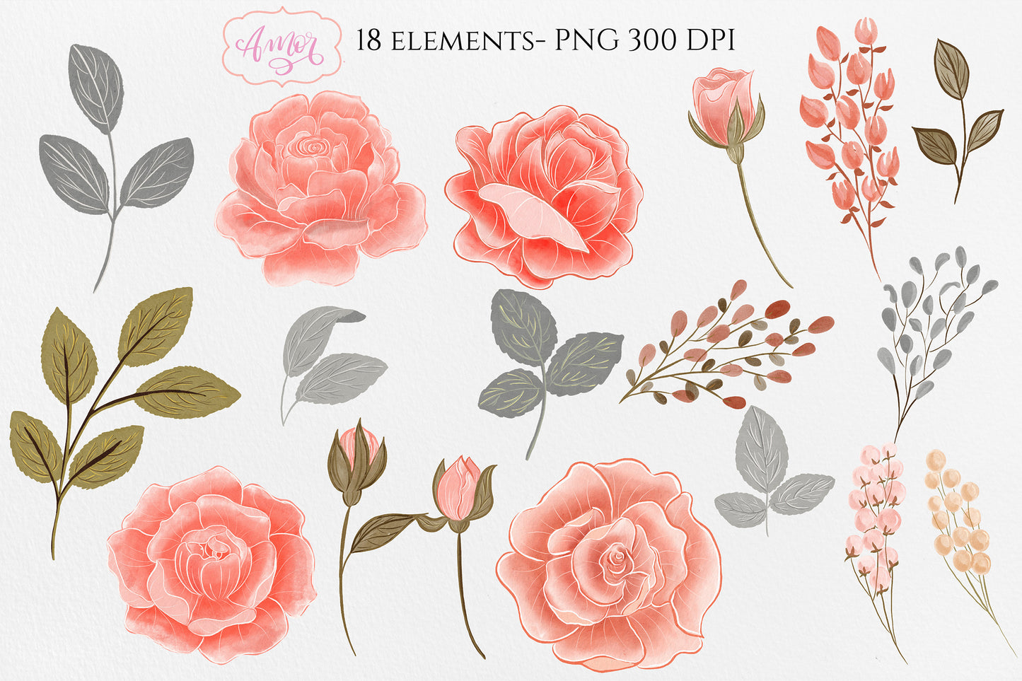 Romantic floral roses clipart for wedding invitations