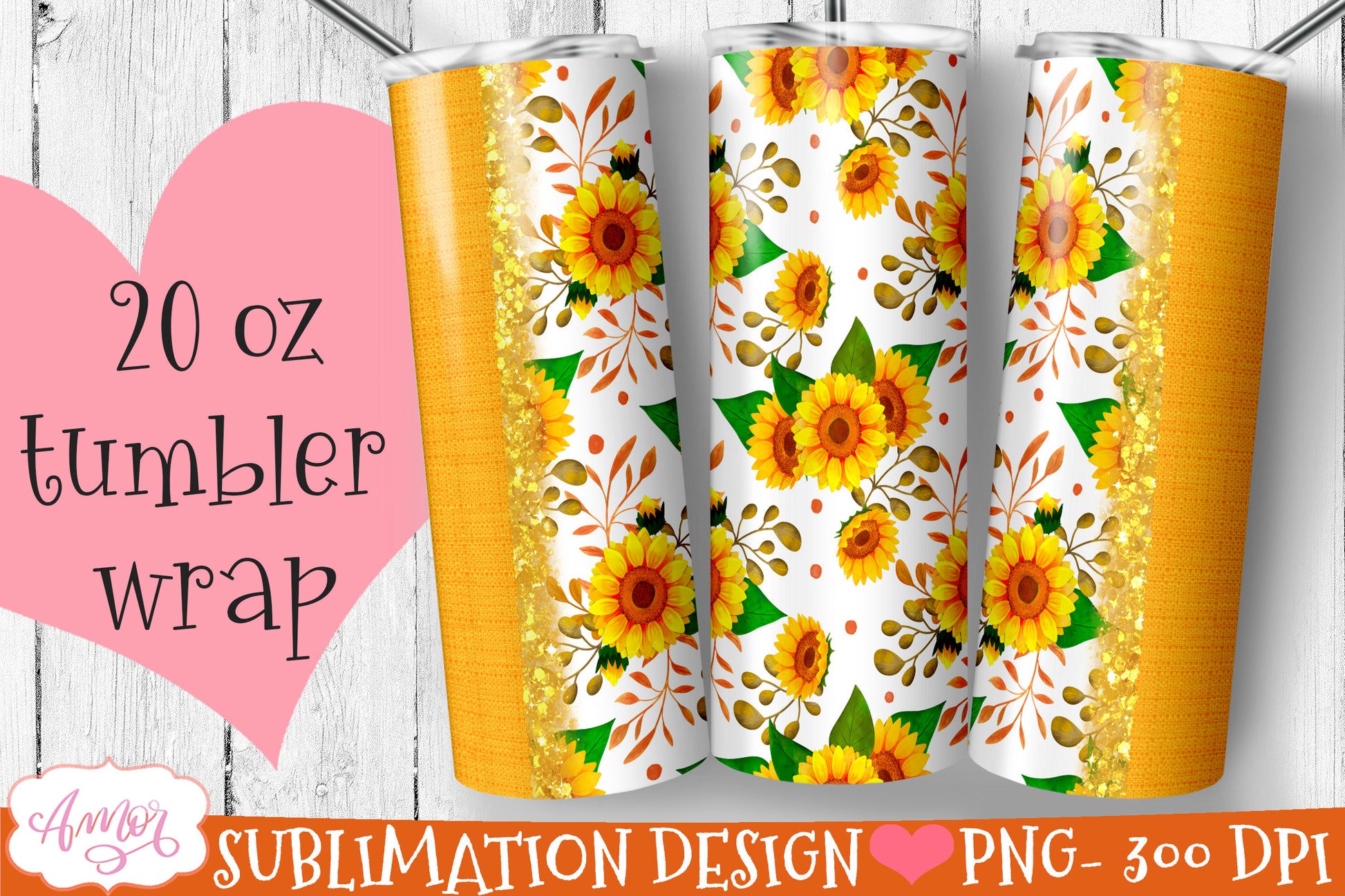 Bundle sunflower tumbler wrap for sublimation | 6 floral PNG