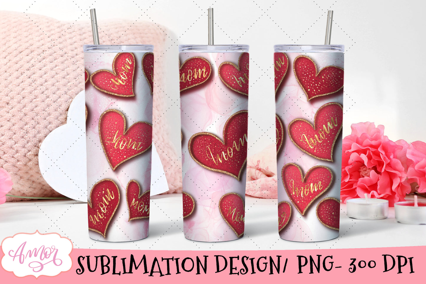 Mom Hearts Tumbler Wrap for Sublimation