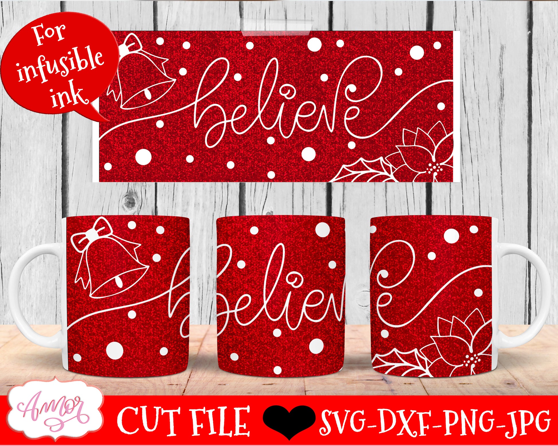 Christmas Believe Mug Wrap SVG for Cricut infusible ink 12oz