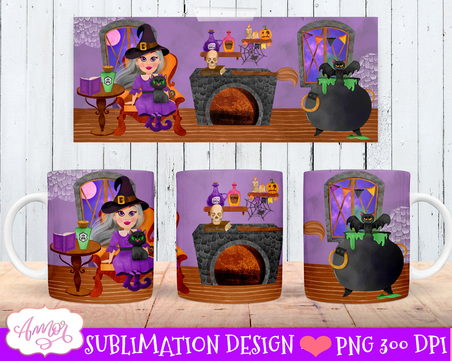 Halloween mug wraps sublimation bundle | 8 witch mug PNG