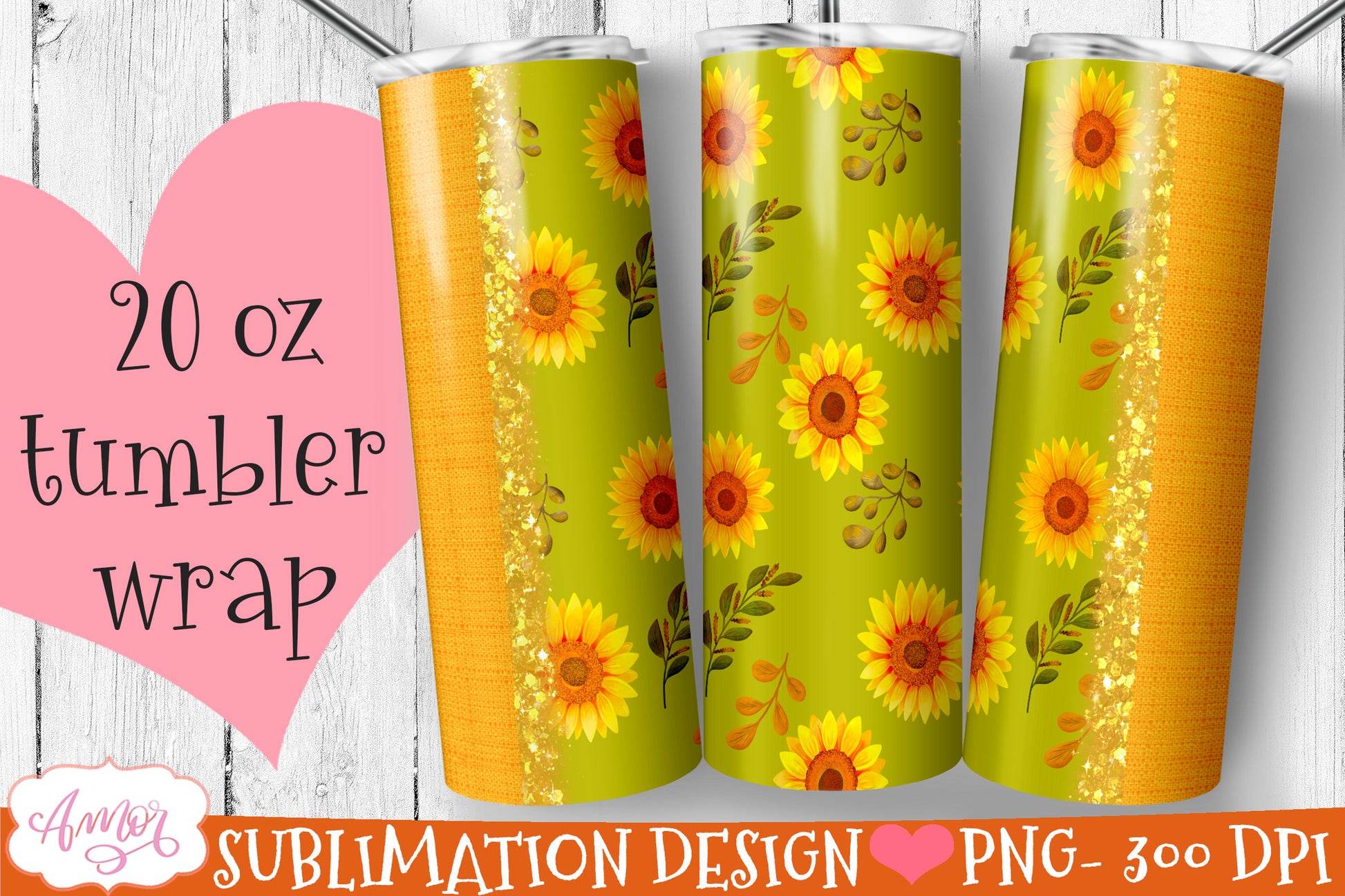 Bundle sunflower tumbler wrap for sublimation | 6 floral PNG