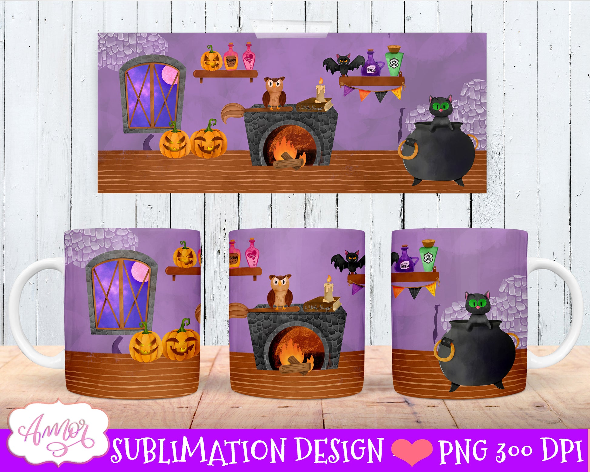 Halloween mug wraps sublimation bundle | 8 witch mug PNG