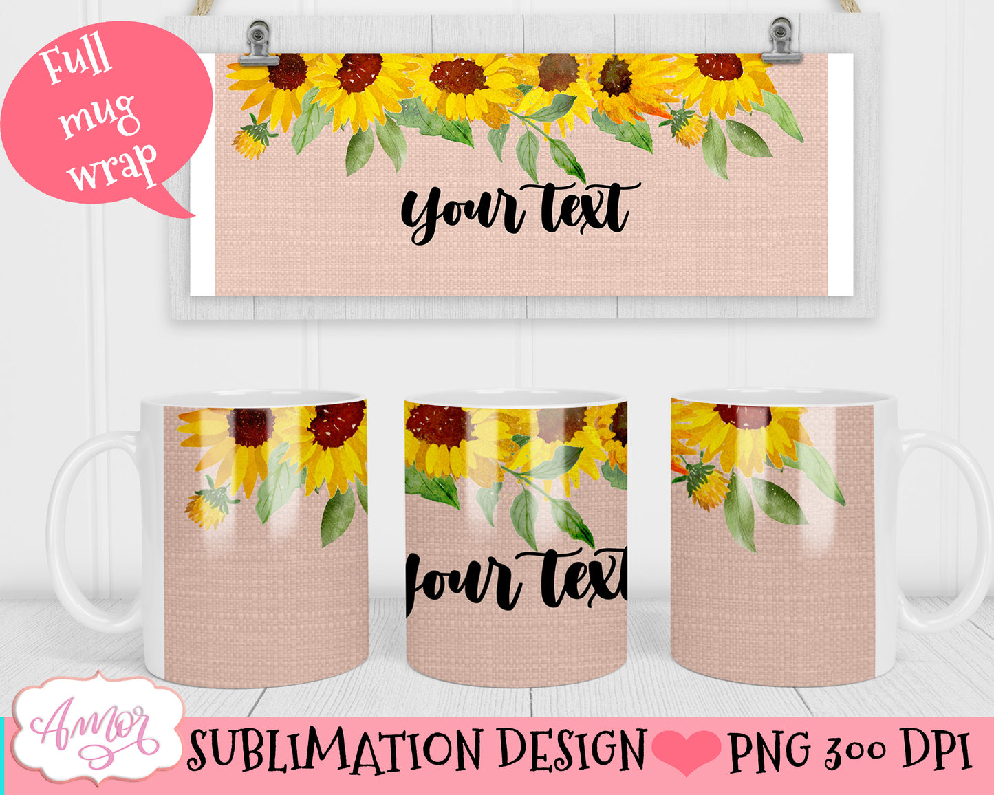 Customizable mug wrap PNG sublimation with sunflowers