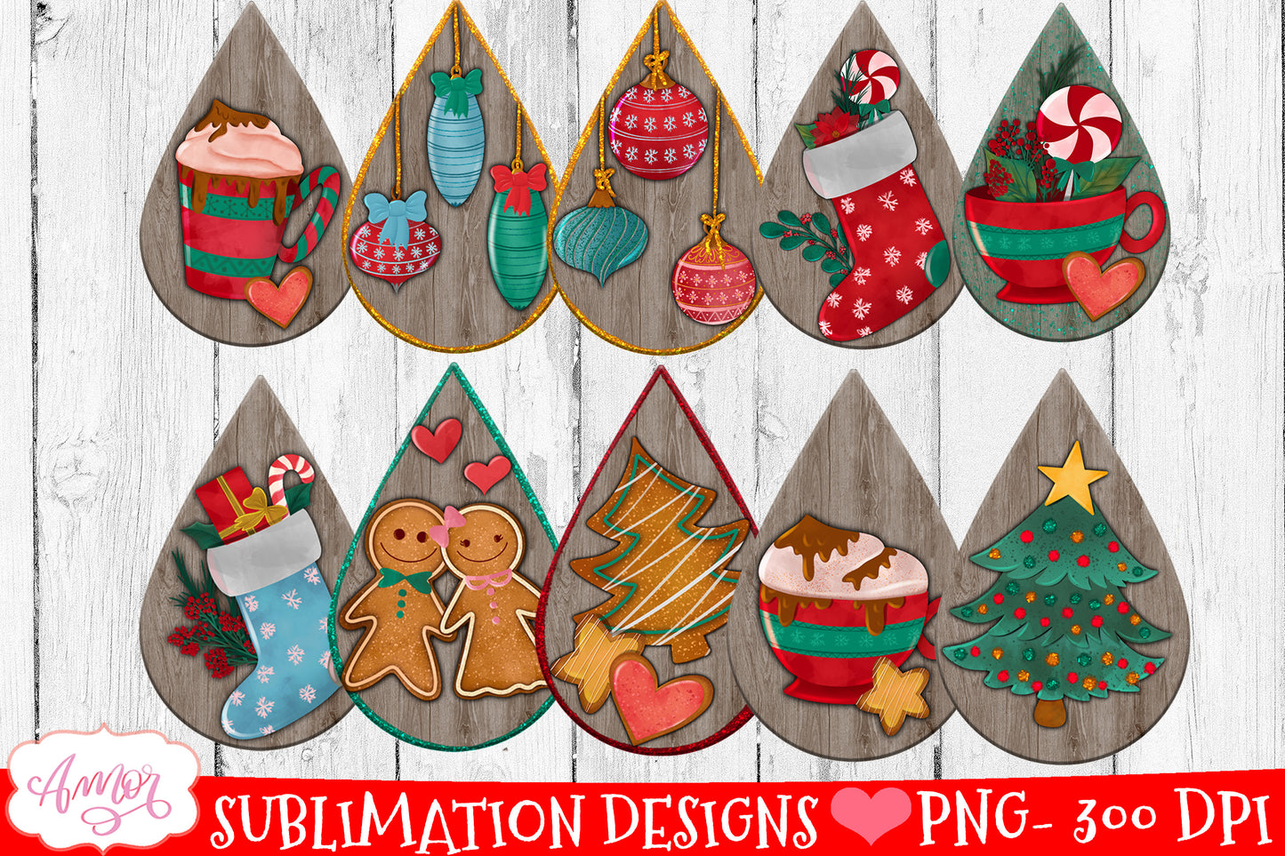 Christmas Teardrop earring sublimation Bundle 10 designs PNG