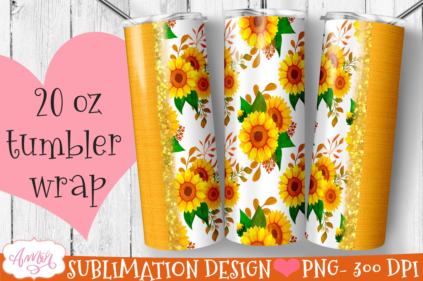 Bundle sunflower tumbler wrap for sublimation | 6 floral PNG