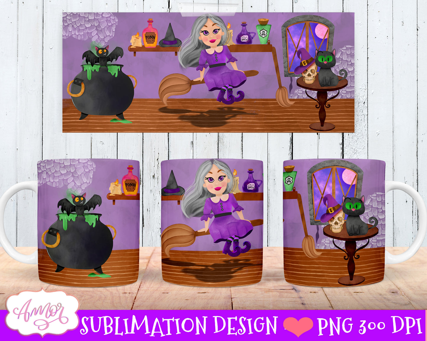 Halloween mug wraps sublimation bundle | 8 witch mug PNG
