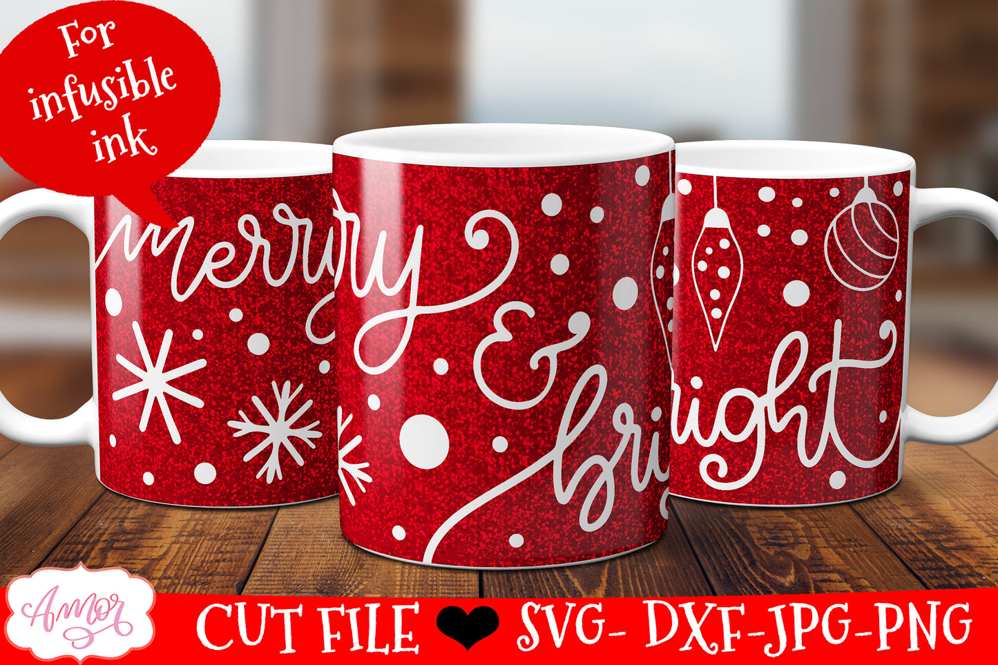 Merry and Bright Mug Wrap SVG for Cricut infusible ink 12oz