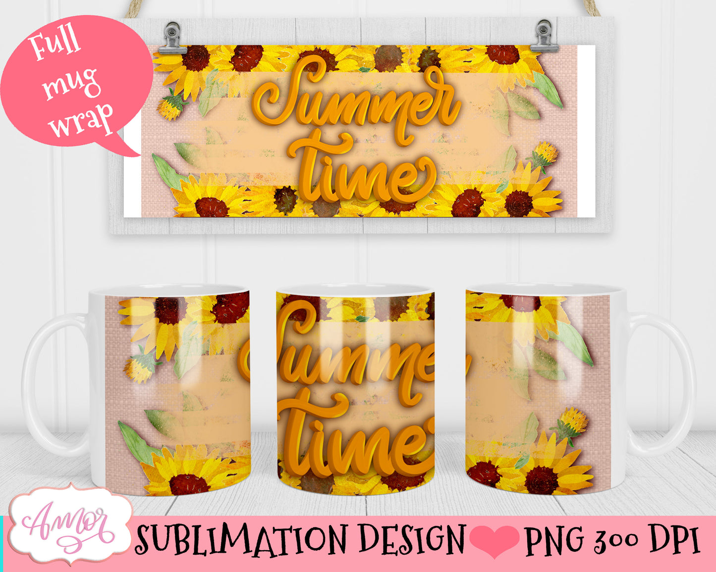 Summer time mug wrap PNG sublimation with sunflowers