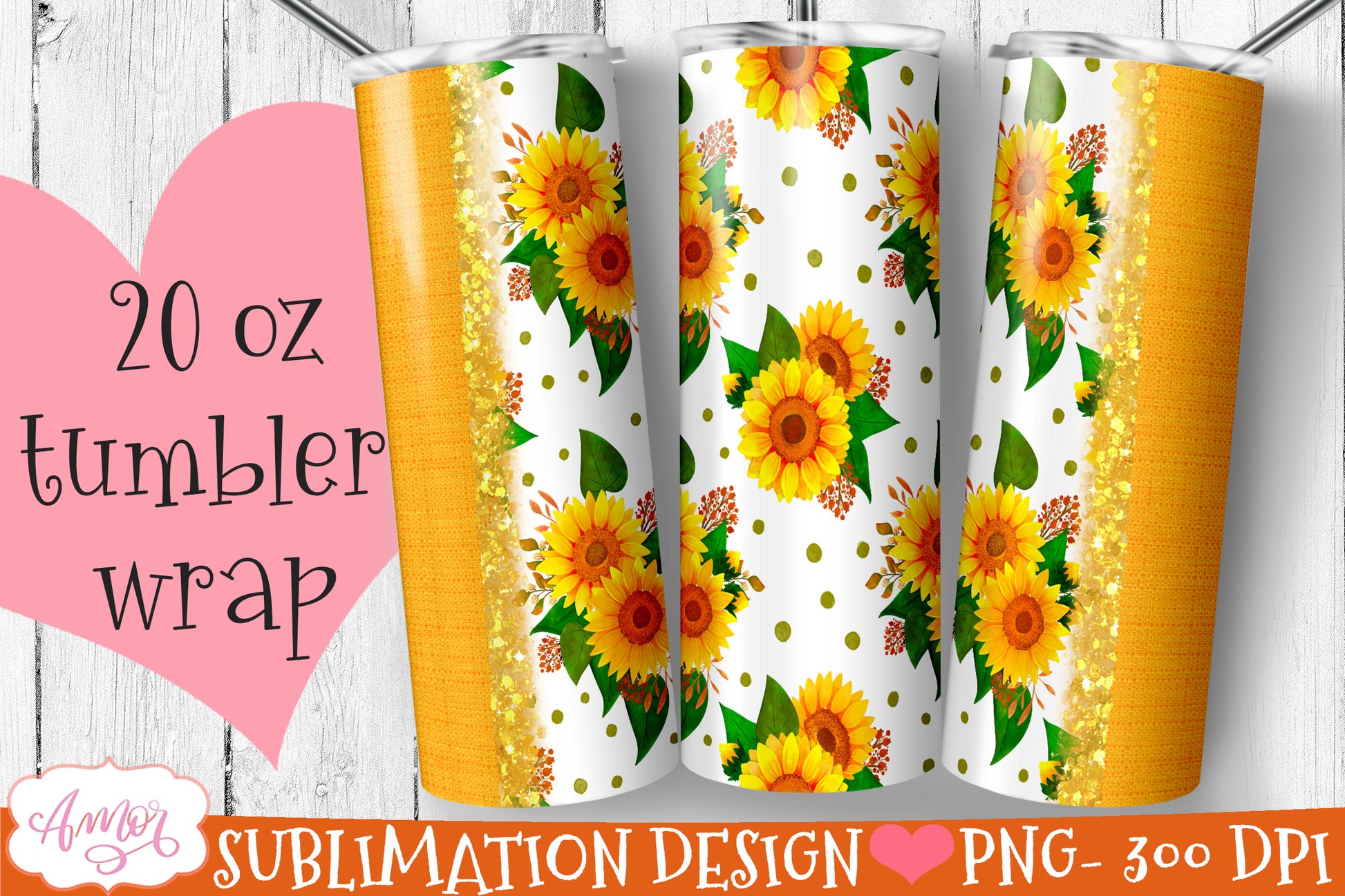 Bundle sunflower tumbler wrap for sublimation | 6 floral PNG