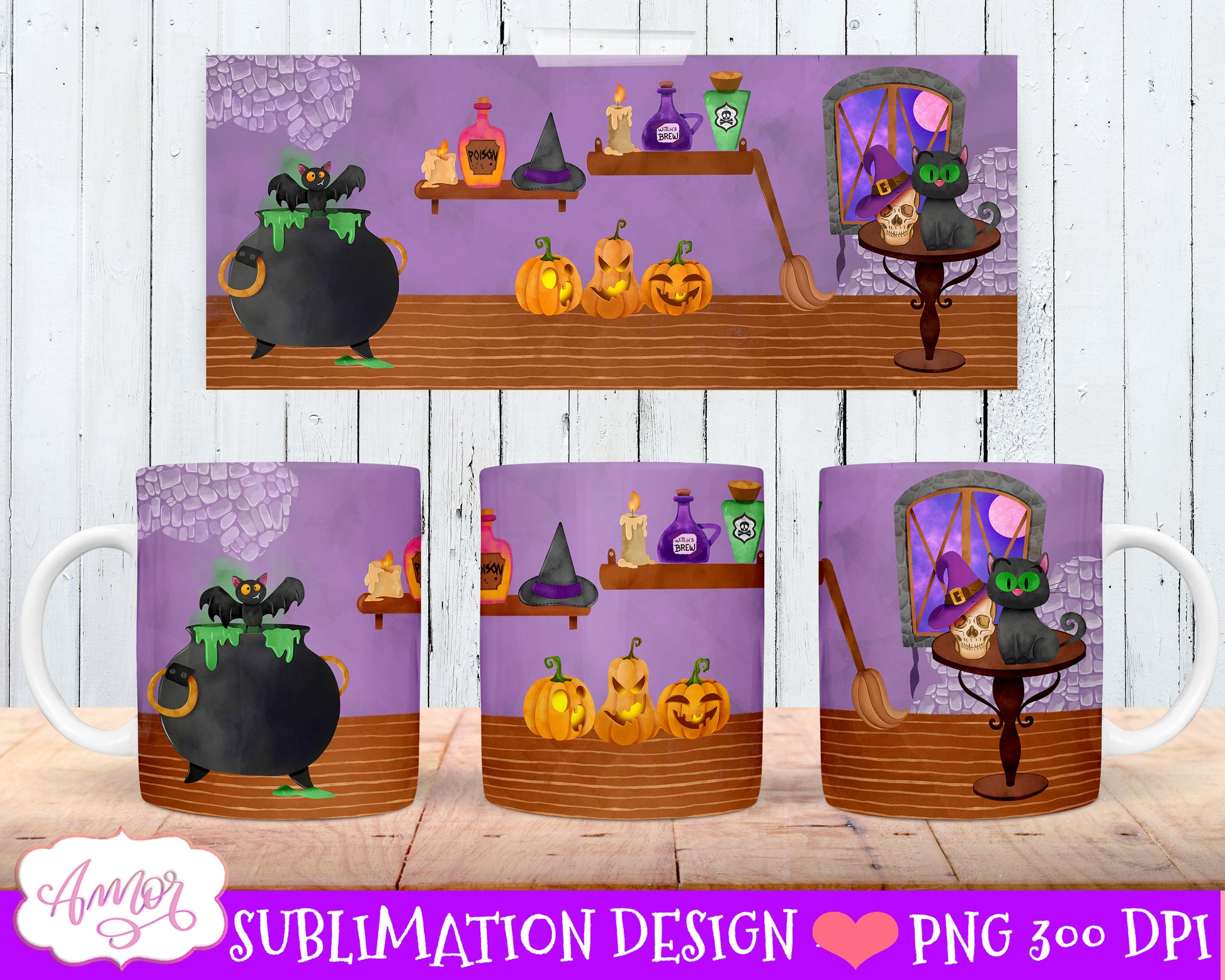 Halloween mug wraps sublimation bundle | 8 witch mug PNG