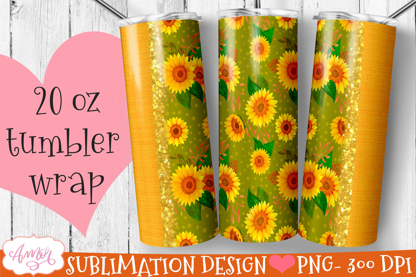 Bundle sunflower tumbler wrap for sublimation | 6 floral PNG