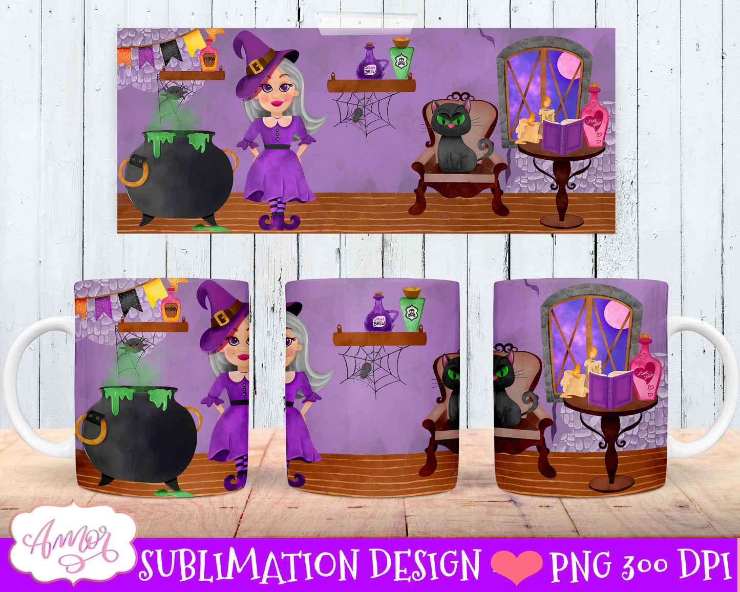 Halloween mug wraps sublimation bundle | 8 witch mug PNG