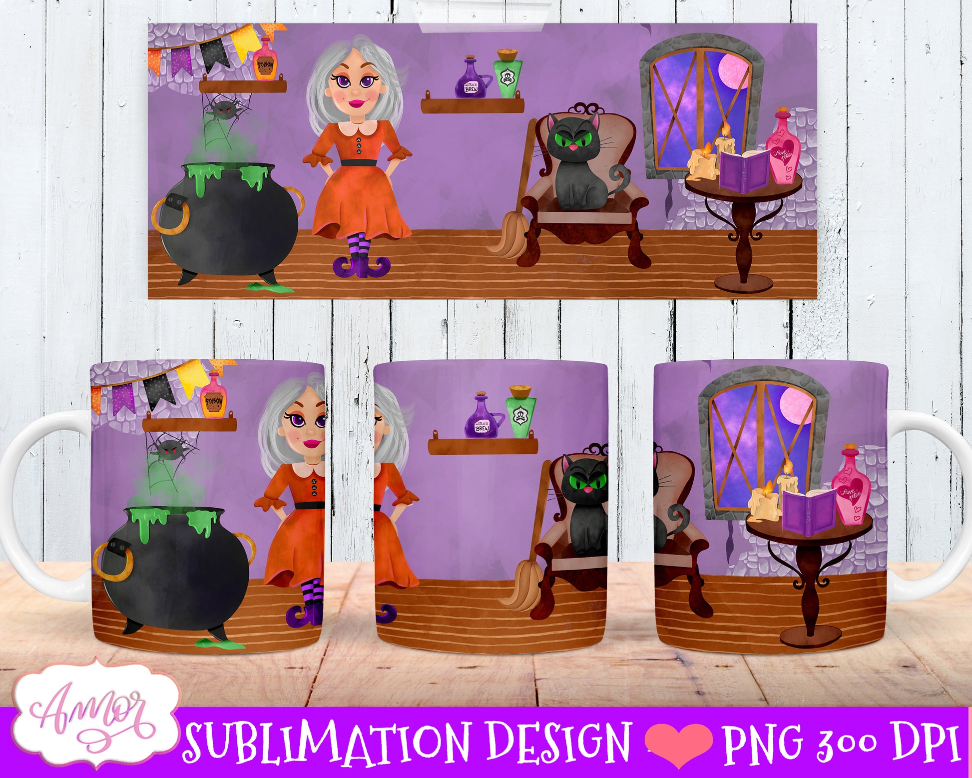 Halloween mug wraps sublimation bundle | 8 witch mug PNG