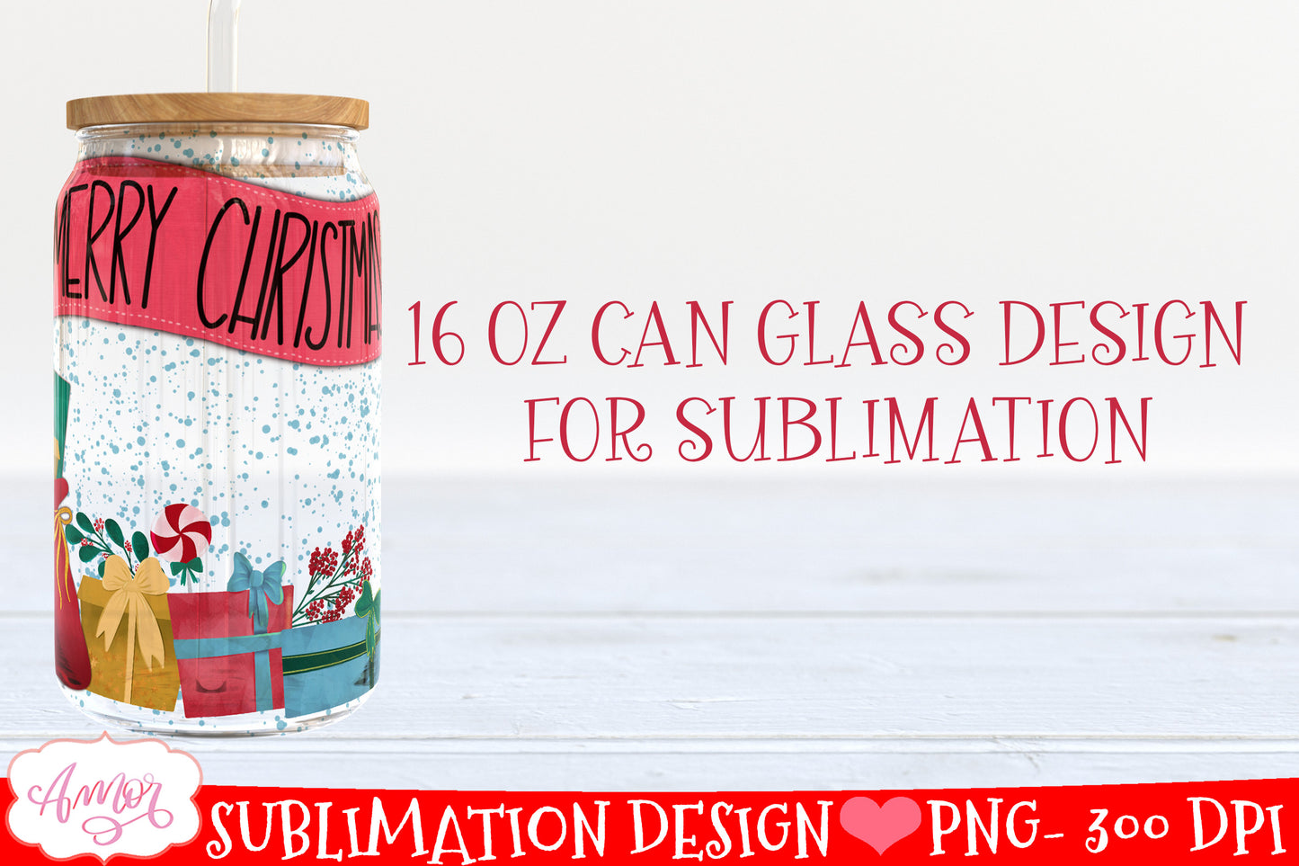 Merry Christmas Can Glass Wrap PNG for Sublimation
