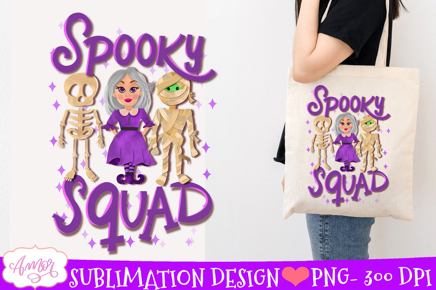 Spooky Squad Sublimation PNG | Halloween witch mummy skeleton