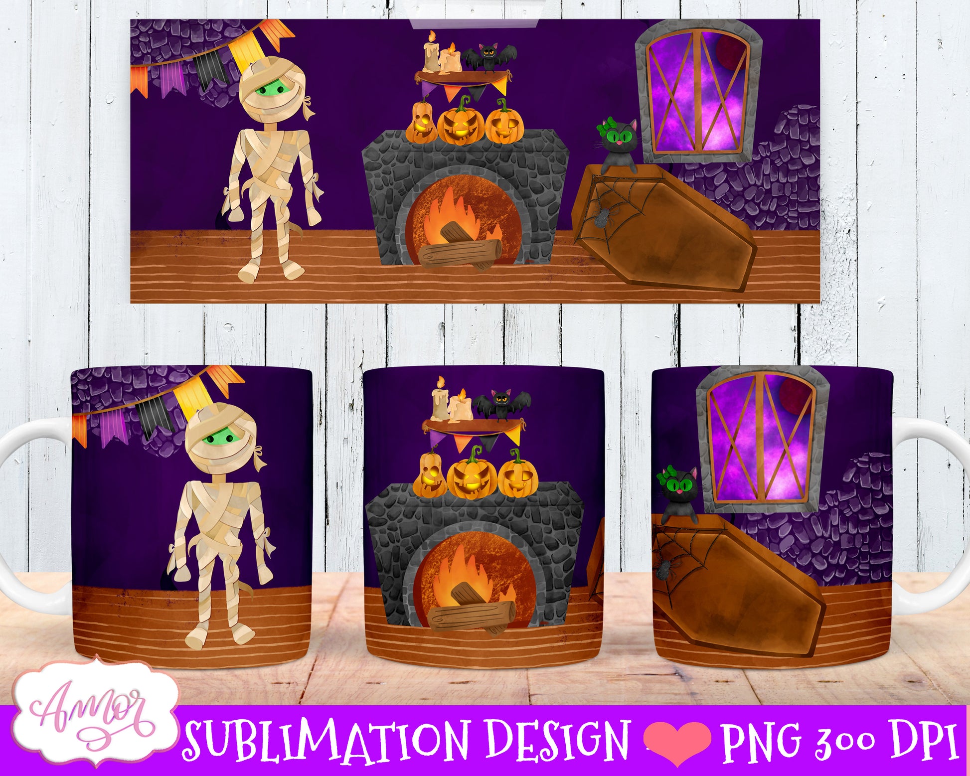 Halloween mug wraps sublimation bundle | 8 witch mug PNG