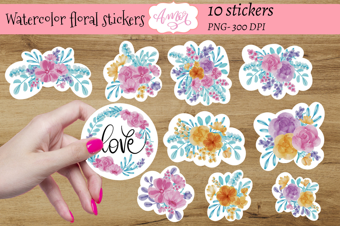 Watercolor Floral Stickers for print then cut