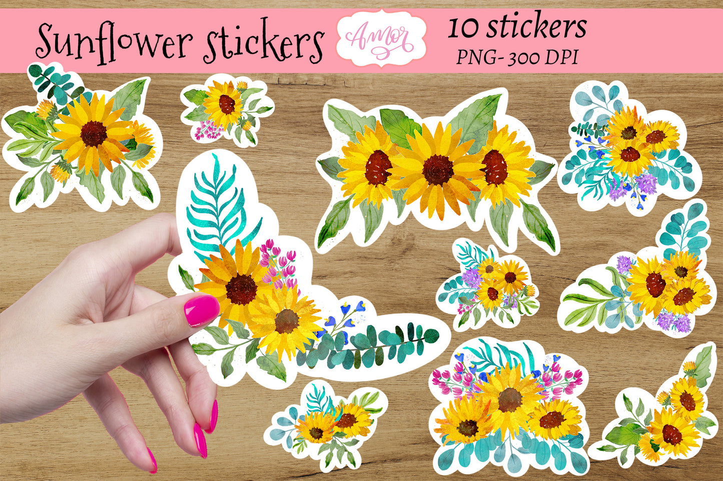 Watercolor Sunflower Stickers for print then cut