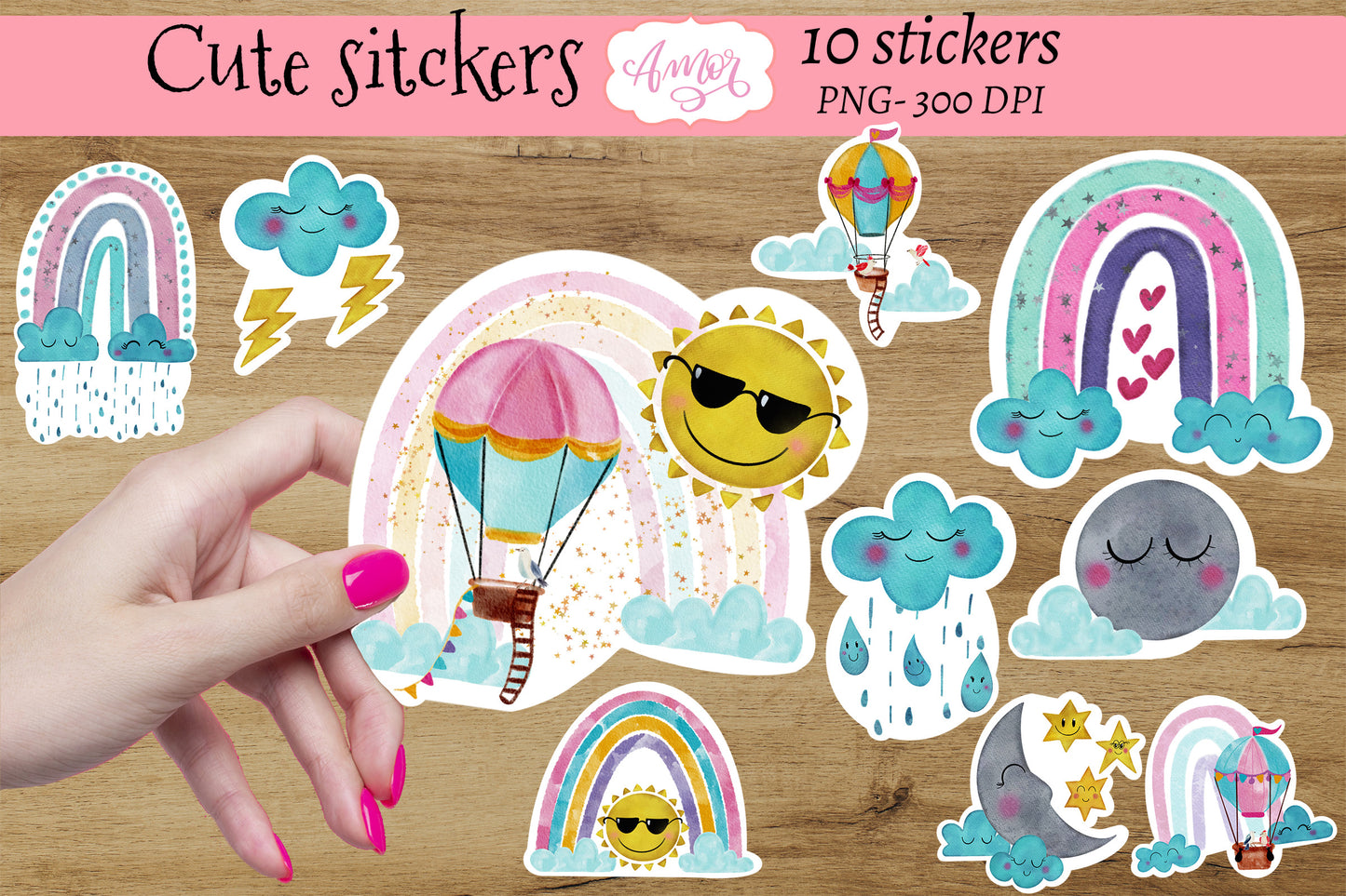 Watercolor Printable Cute Weather Stickers for print then cut