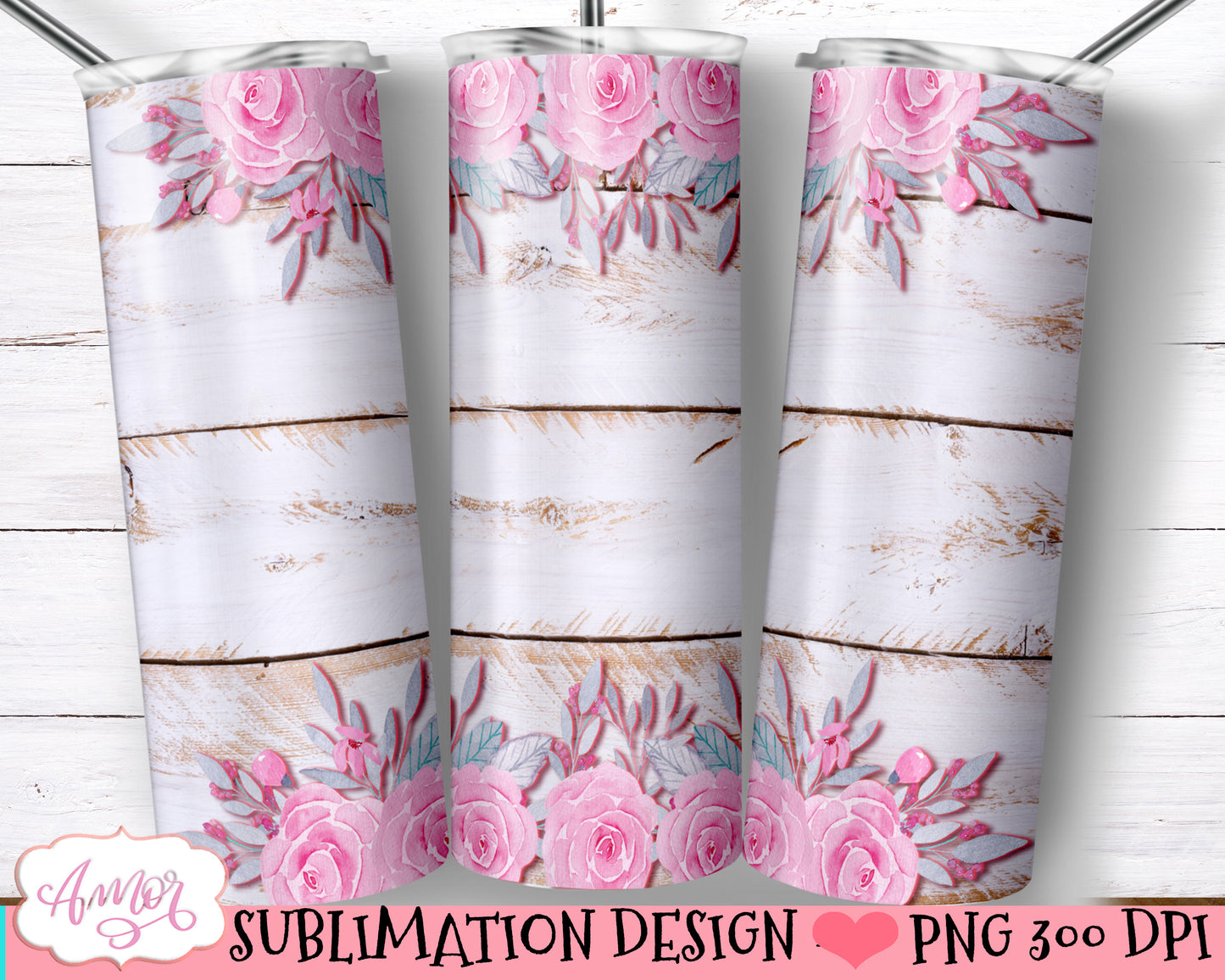 White Wood and Roses tumbler design for sublimation