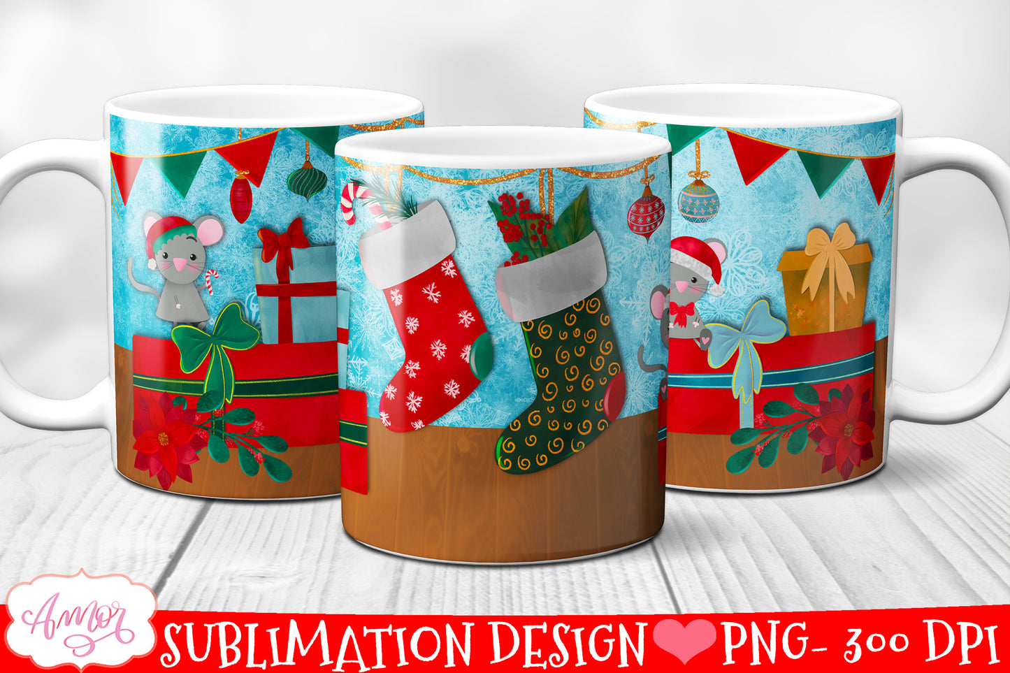 Christmas Stockings design for 11oz and 15oz mug sublimation