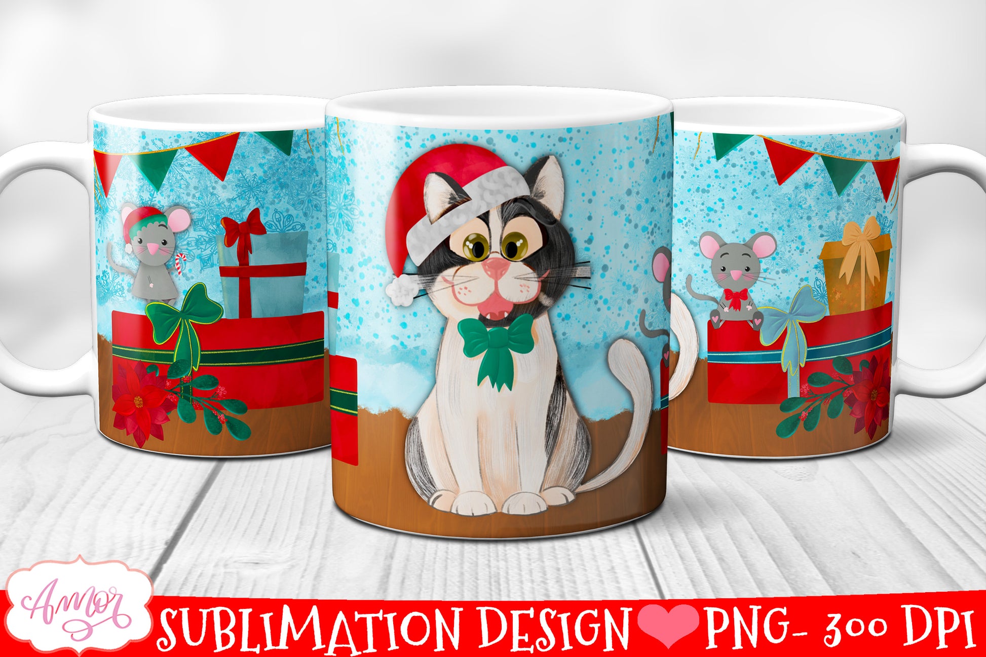 Cute Christmas Cat Mug Wrap PNG for Sublimation