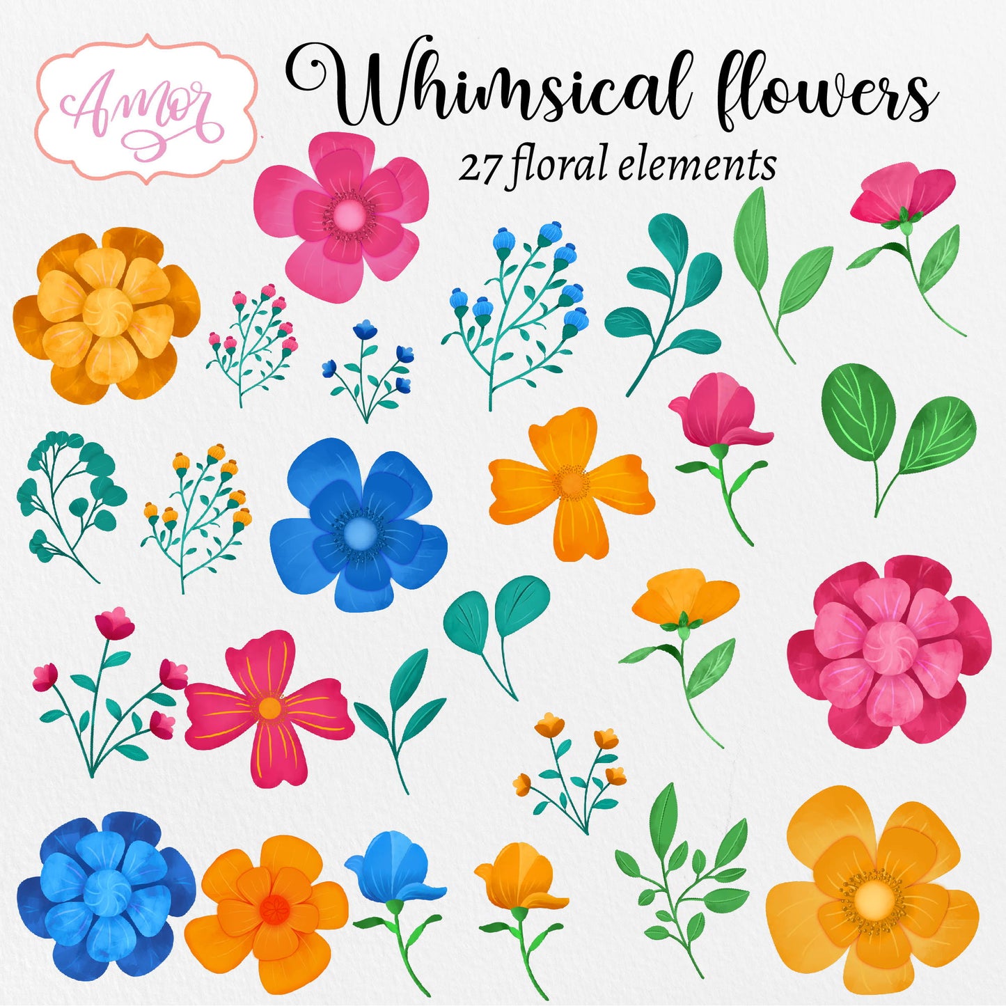 Hand painted whimsical flowers clipart with floral frames