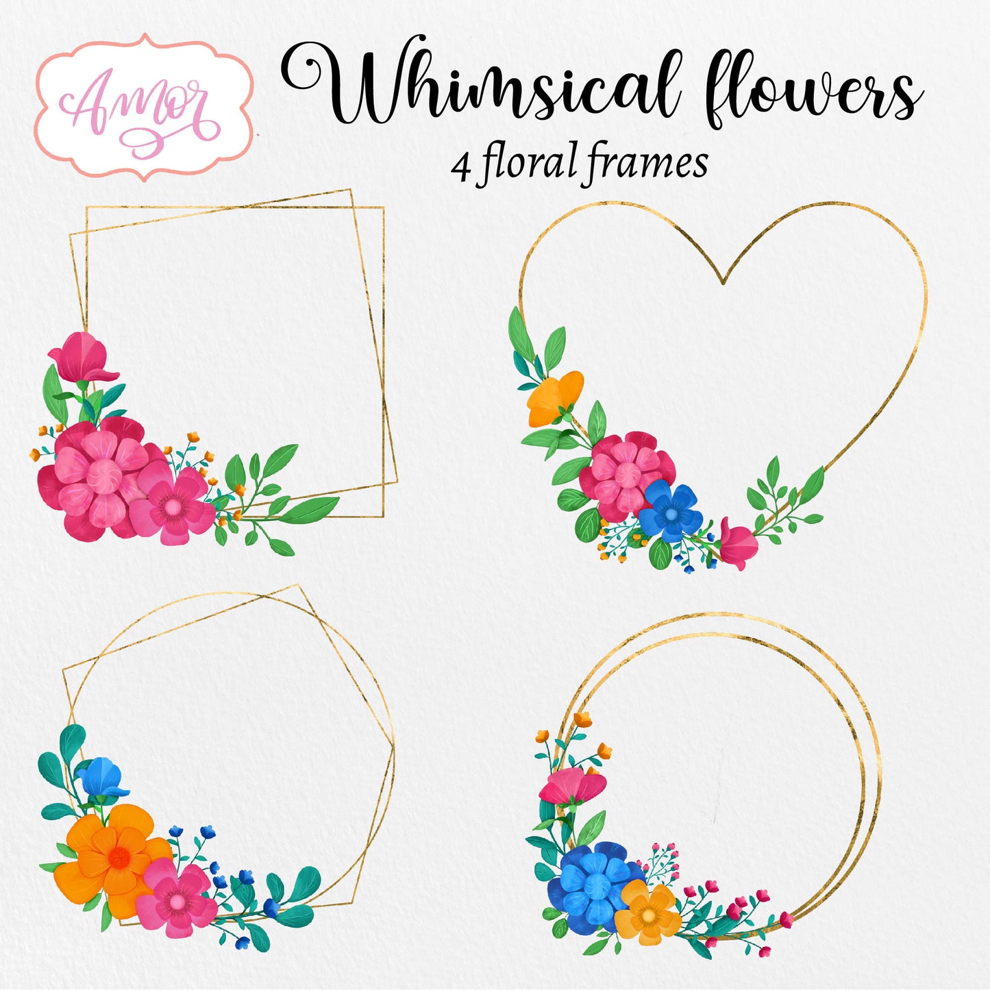 Hand painted whimsical flowers clipart with floral frames