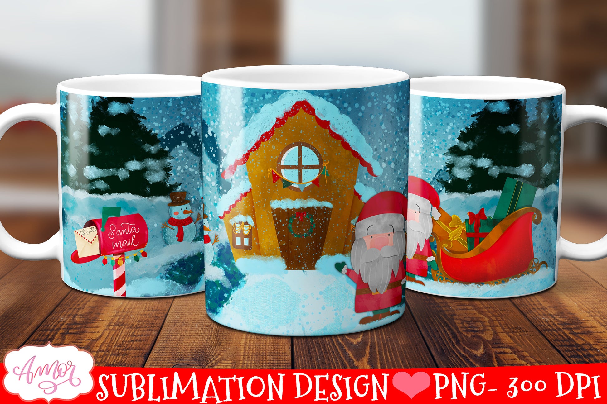 Cute Santa Mug Wrap PNG for Sublimation Winter Christmas