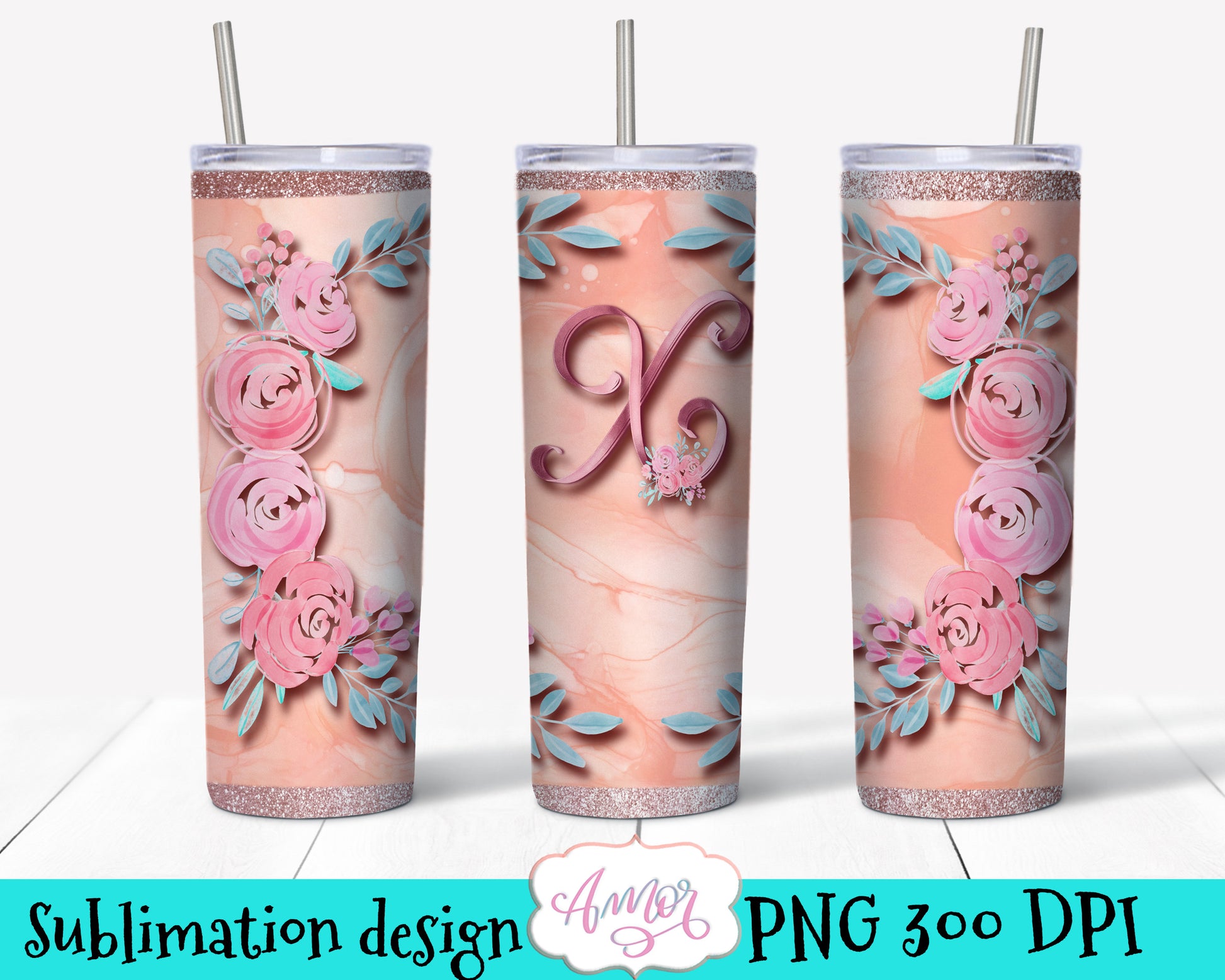 Letter "X" Monogram tumbler wrap PNG design for sublimation